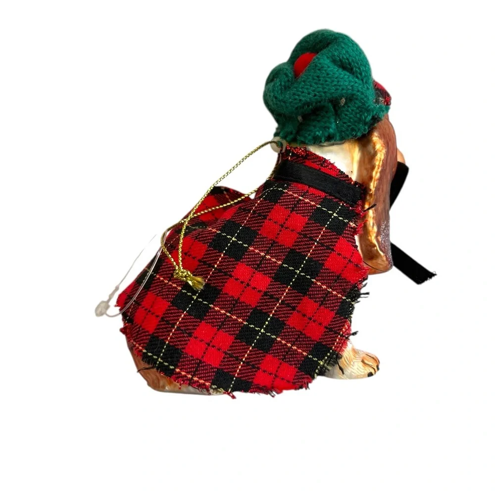 Christmas Ornament Glass Hound Dog Plaid Cape & Green Cotton Hat Festive Dog